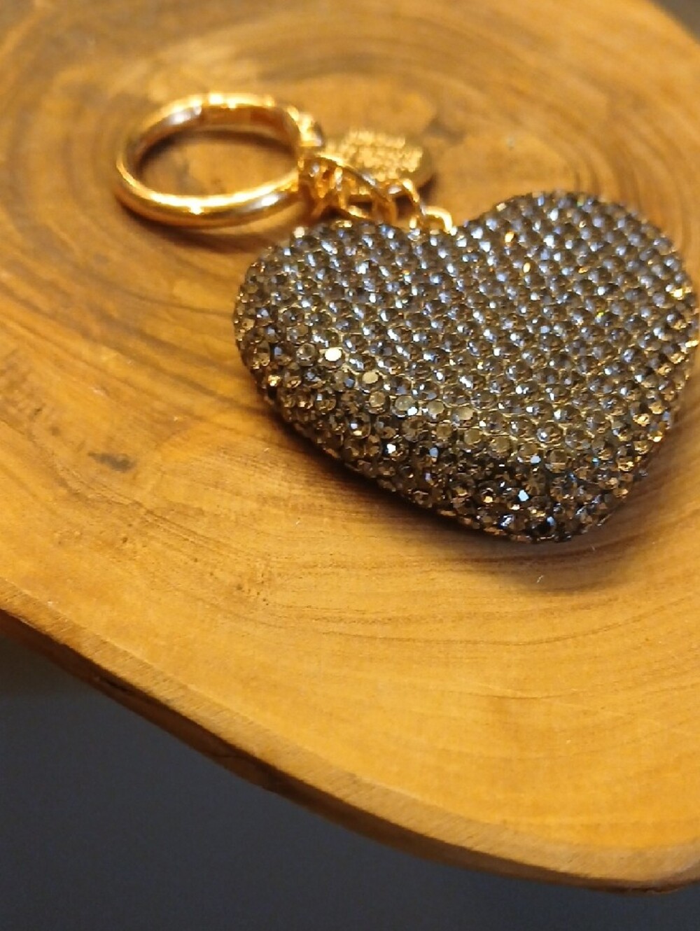 Gold Keyring Heart Charm with Gunmetal Crystal Pavé - Picture 2 of 2